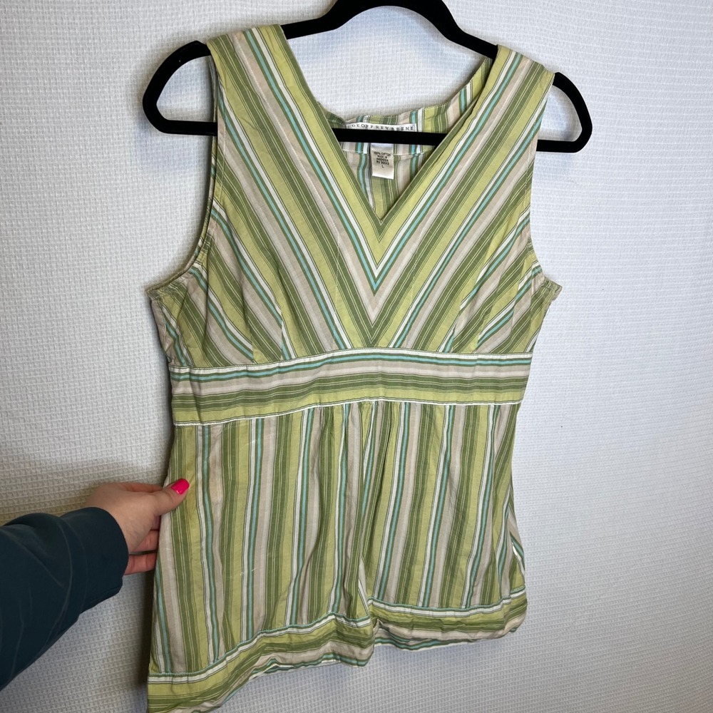 Geoffrey Beene Sport Womens Green Striped Empire Waist Cotton V-Neck Tank Top L